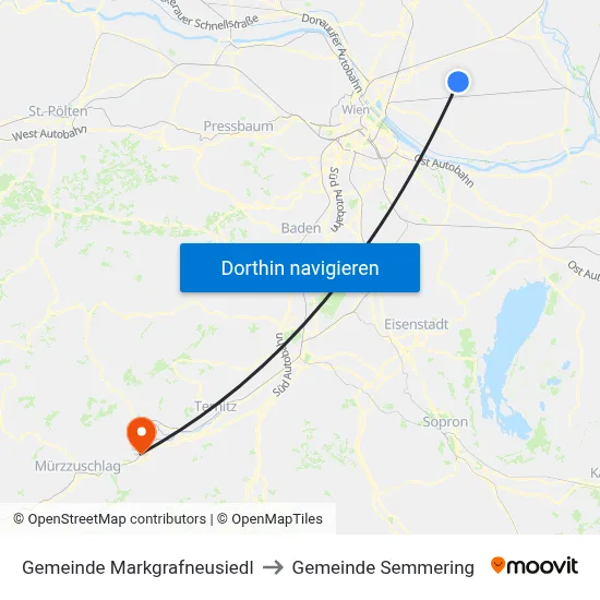 Gemeinde Markgrafneusiedl to Gemeinde Semmering map