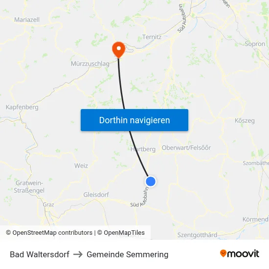 Bad Waltersdorf to Gemeinde Semmering map