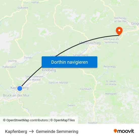 Kapfenberg to Gemeinde Semmering map
