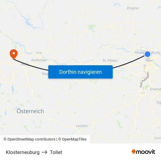 Klosterneuburg to Tollet map