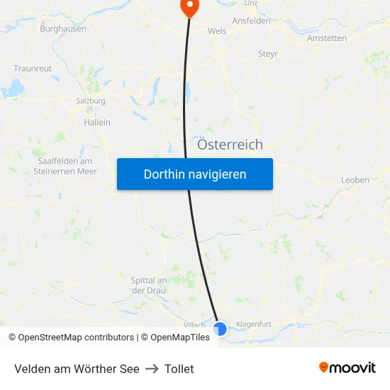 Velden am Wörther See to Tollet map