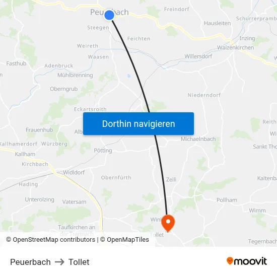 Peuerbach to Tollet map