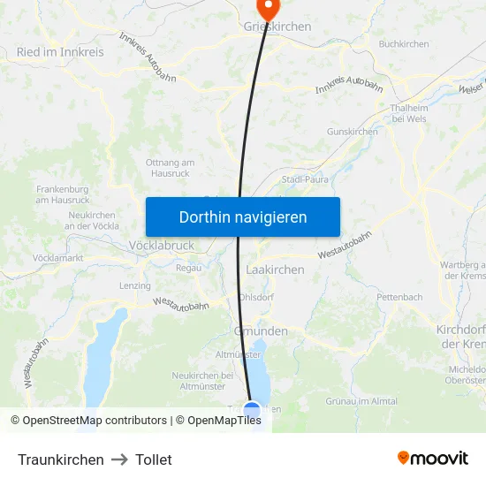 Traunkirchen to Tollet map