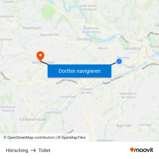 Hörsching to Tollet map