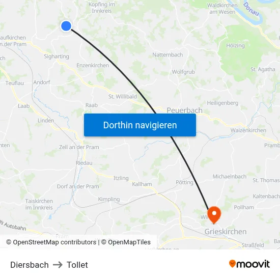 Diersbach to Tollet map