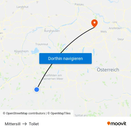 Mittersill to Tollet map