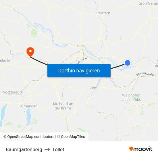 Baumgartenberg to Tollet map