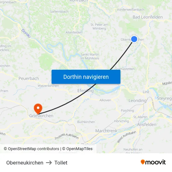 Oberneukirchen to Tollet map