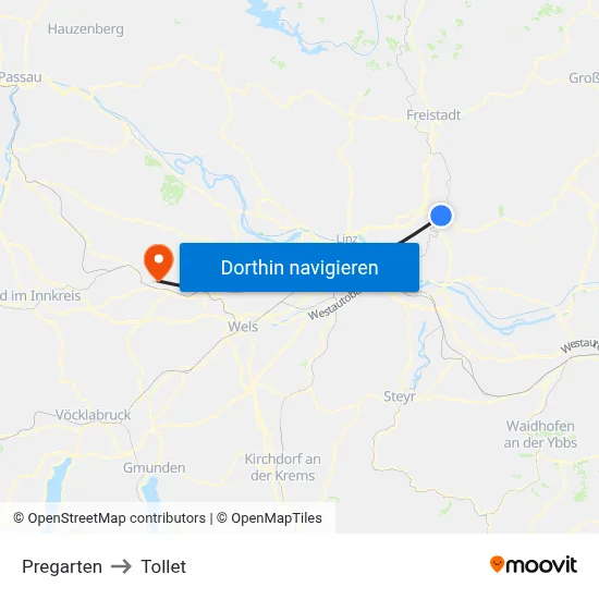 Pregarten to Tollet map