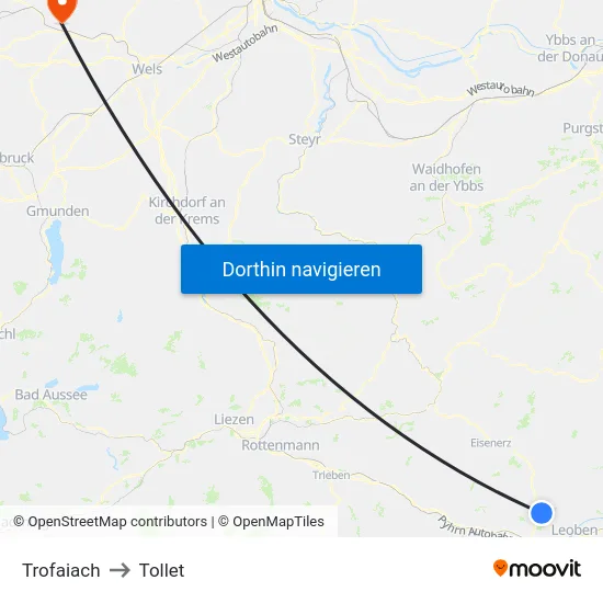 Trofaiach to Tollet map