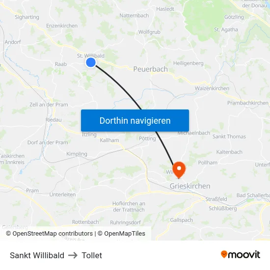 Sankt Willibald to Tollet map