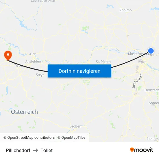 Pillichsdorf to Tollet map