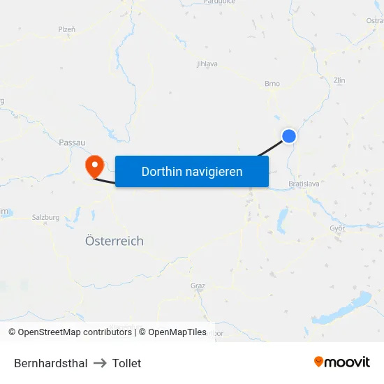 Bernhardsthal to Tollet map