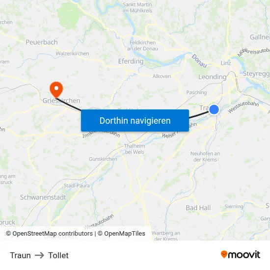Traun to Tollet map
