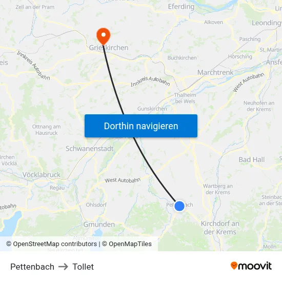 Pettenbach to Tollet map