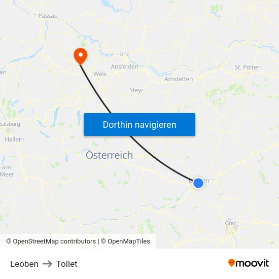 Leoben to Tollet map
