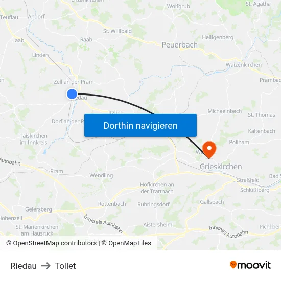 Riedau to Tollet map