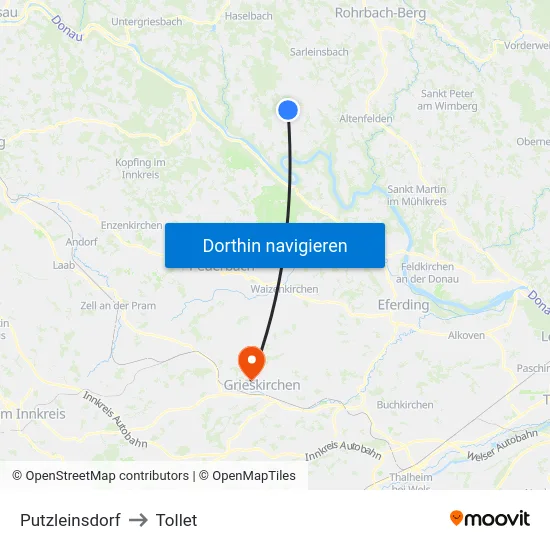 Putzleinsdorf to Tollet map