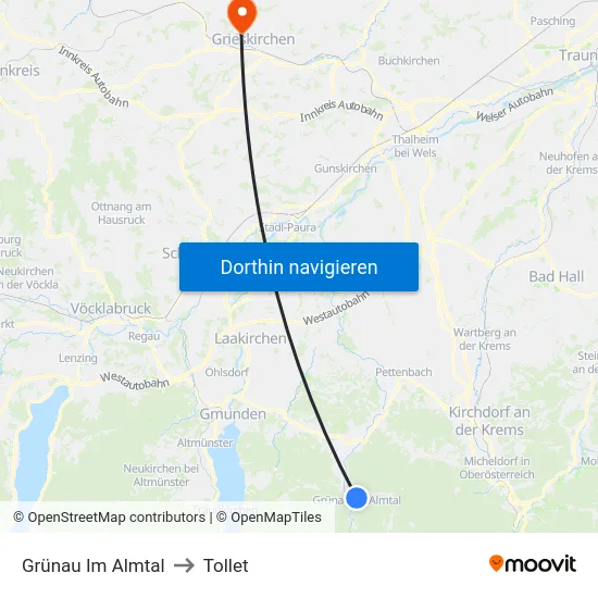 Grünau Im Almtal to Tollet map