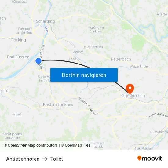 Antiesenhofen to Tollet map