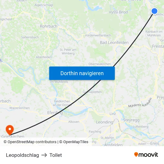 Leopoldschlag to Tollet map
