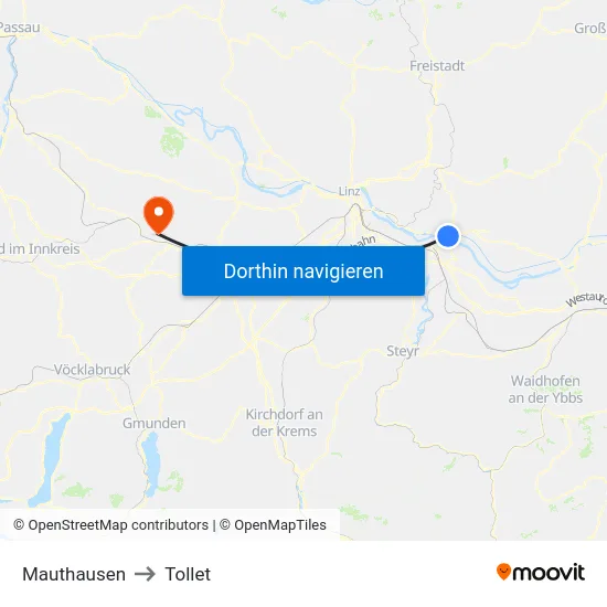 Mauthausen to Tollet map