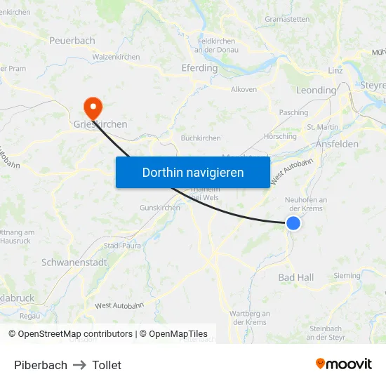 Piberbach to Tollet map
