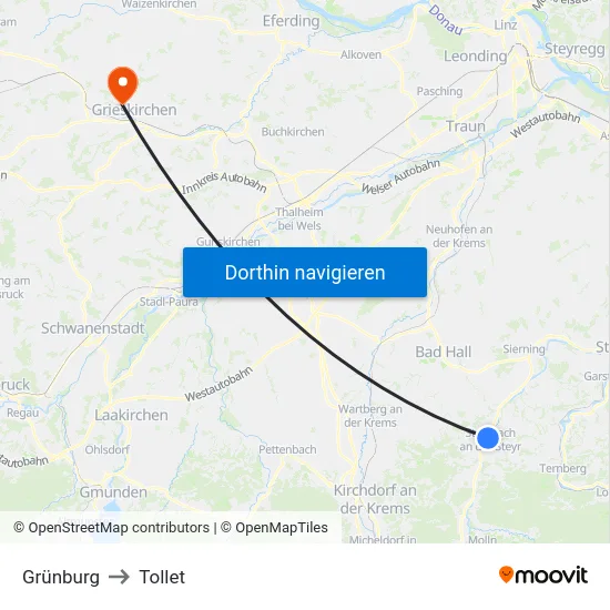 Grünburg to Tollet map