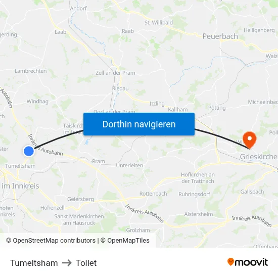 Tumeltsham to Tollet map