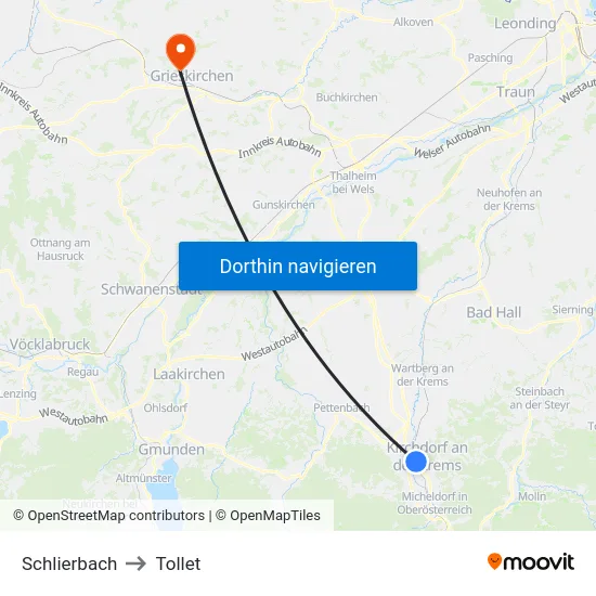 Schlierbach to Tollet map