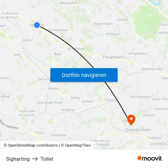Sigharting to Tollet map