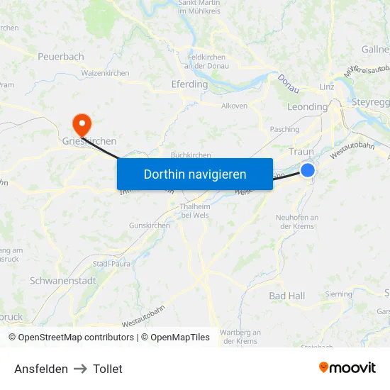 Ansfelden to Tollet map
