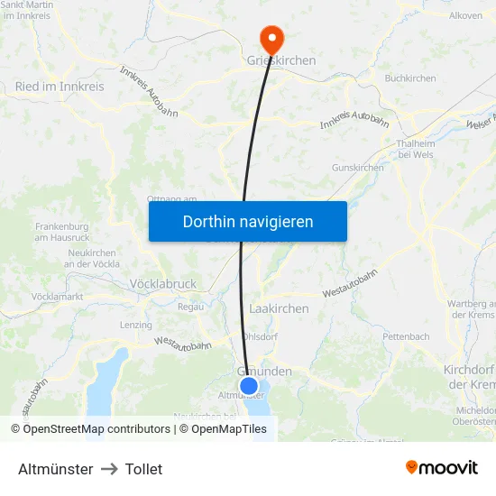 Altmünster to Tollet map