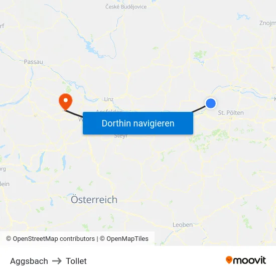 Aggsbach to Tollet map