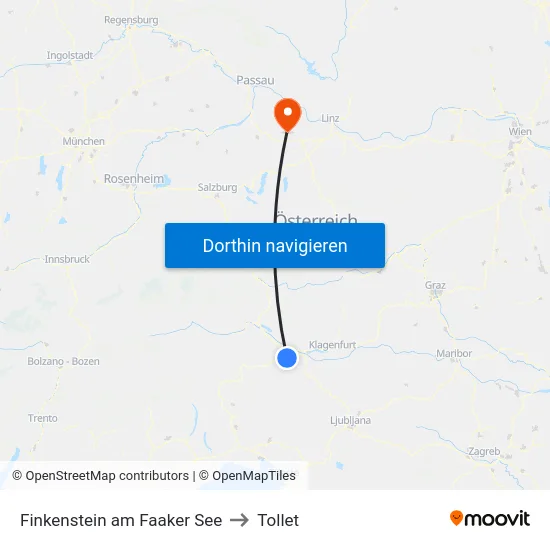 Finkenstein am Faaker See to Tollet map