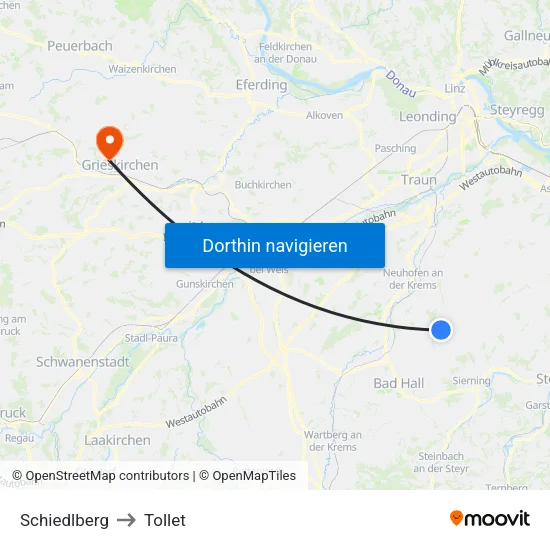 Schiedlberg to Tollet map