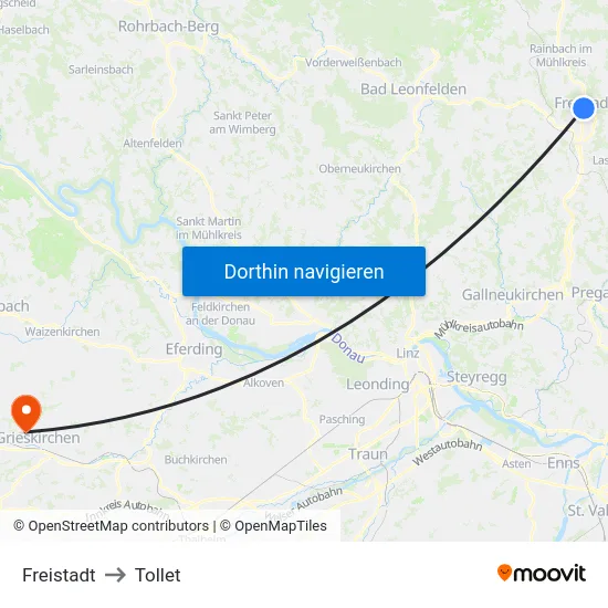 Freistadt to Tollet map