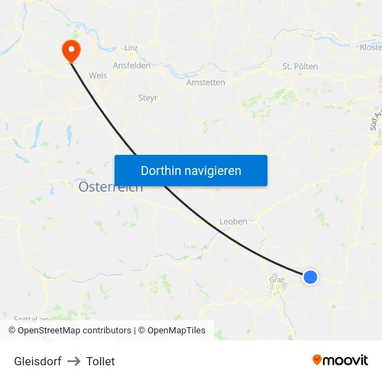 Gleisdorf to Tollet map