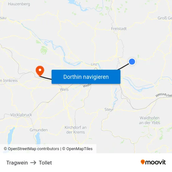 Tragwein to Tollet map