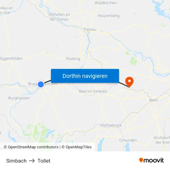 Simbach to Tollet map