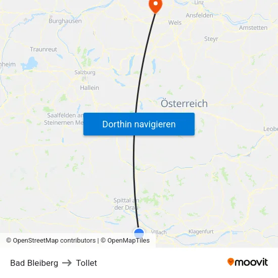 Bad Bleiberg to Tollet map