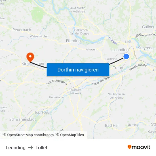 Leonding to Tollet map