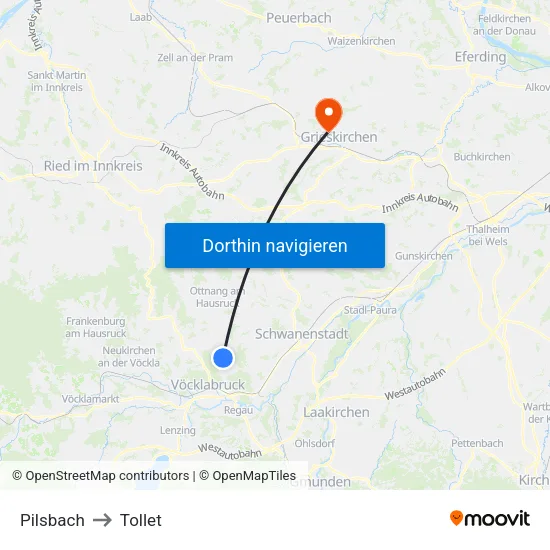 Pilsbach to Tollet map