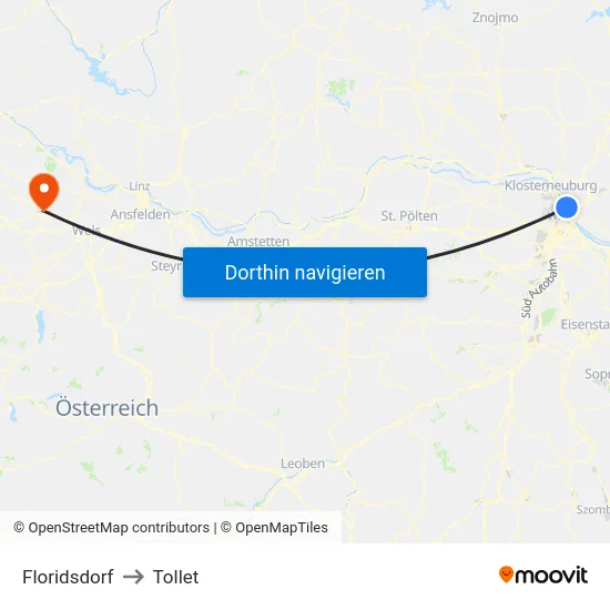 Floridsdorf to Tollet map