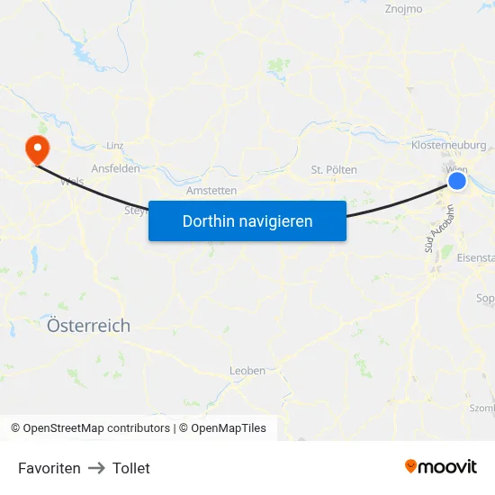 Favoriten to Tollet map