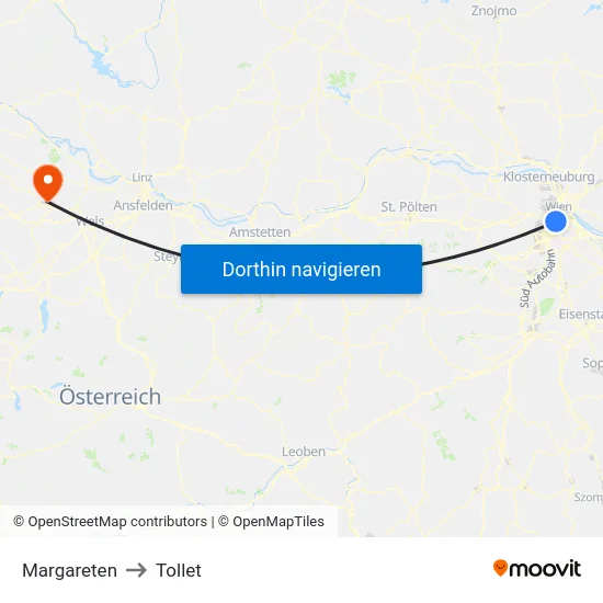 Margareten to Tollet map