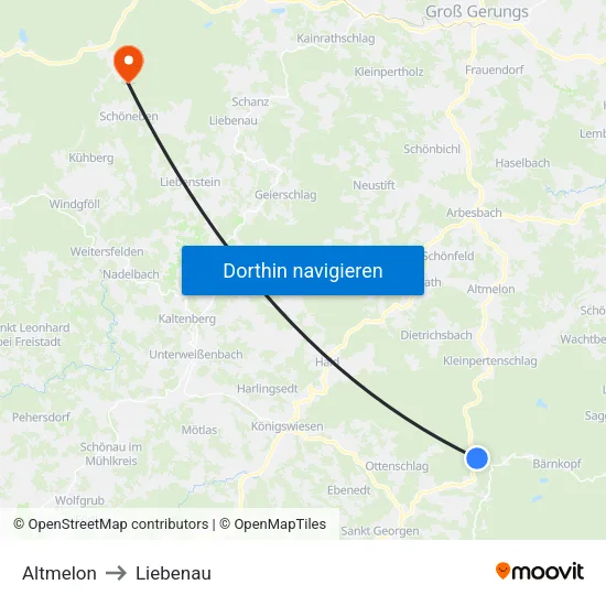 Altmelon to Liebenau map