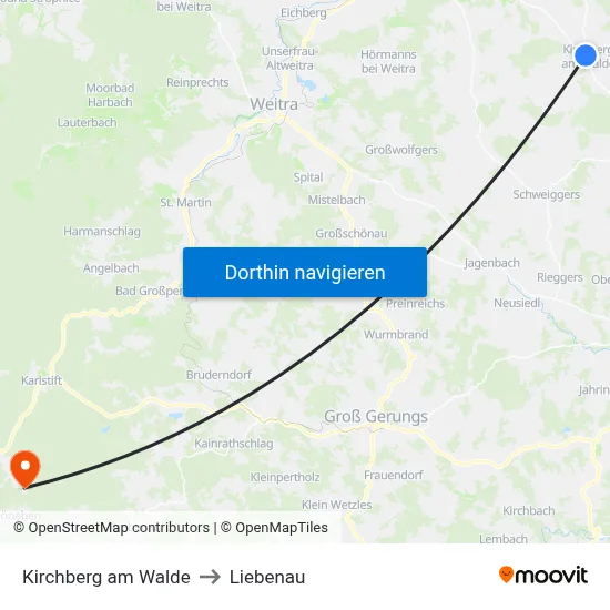 Kirchberg am Walde to Liebenau map