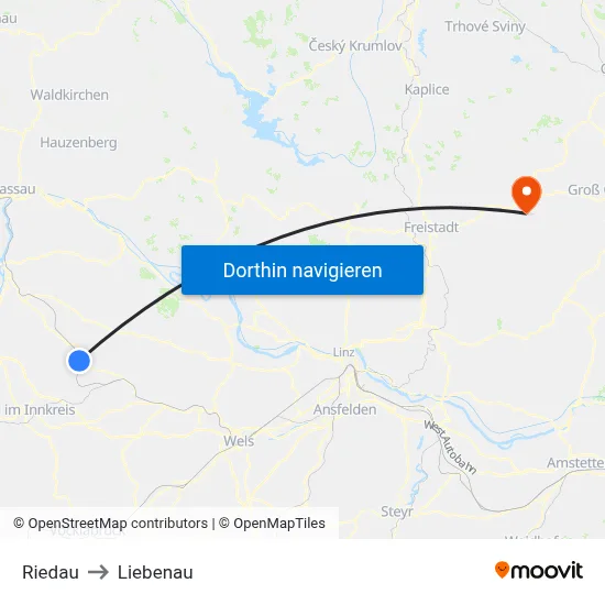 Riedau to Liebenau map