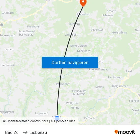 Bad Zell to Liebenau map